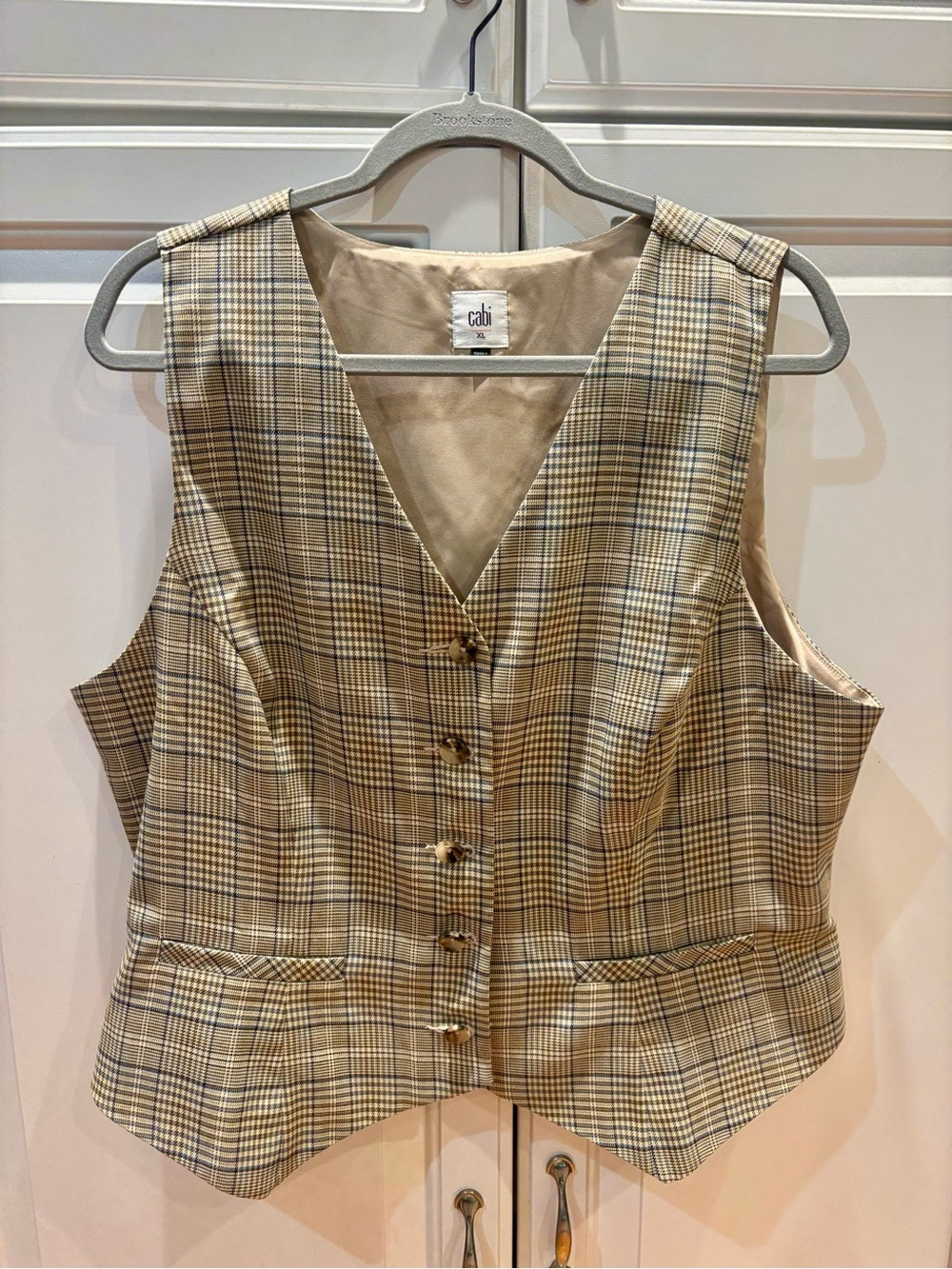 CAbi Beige Plaid Button-Front V-Neck Vest new without tags